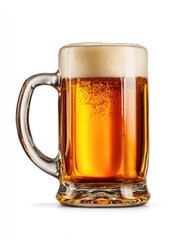 Glass beer mug filled with golden-amber beer and a generous head of foam