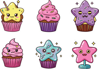 PrintAdorable Star Shaped Cupcake Characters with Colorful Frosting, Cute Kawaii Dessert Vector Art for Kids, Stickers, and Bakery Designs