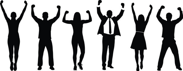 Silhouetted people celebrating success, teamwork, motivation, empowerment, unity, achievement, business and casual attire, victory pose, diversity, leadership, inspiration