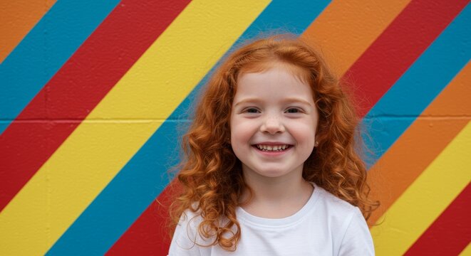Radiant smile of a little girl with curly red hair against colorful stripes