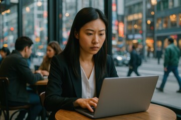 Focused Asian businesswoman working efficiently on laptop in bustling urban coffee shop environment