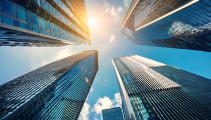 view from ground level up of corporate skyscrapers and sunshine above sleek and modern downtown architecture skyscraper city building skyscraper downtown business architecture cityscape