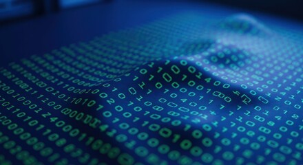 Binary code forms a subtle face outline in a deep blue and green futuristic design