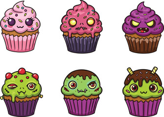 PrintCartoon cupcakes vector, cute monster dessert characters, colorful fantasy bakery treats, whimsical food art, creative sweet illustration, spooky Halloween cupcake design