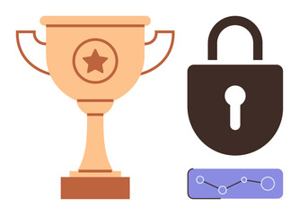 Trophy with star, security padlock, and analytics graph. Ideal for success, achievement, security, data analysis, protection growth technology trends. Simple flat metaphor