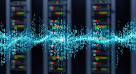 Binary wave overlaid on server racks; futuristic tech illustration