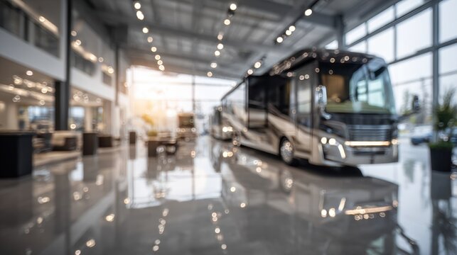 Shot capturing a luxury RV display centered in sharp focus against a softly blurred background of expansive dealership space reflecting sophistication and modern design.
