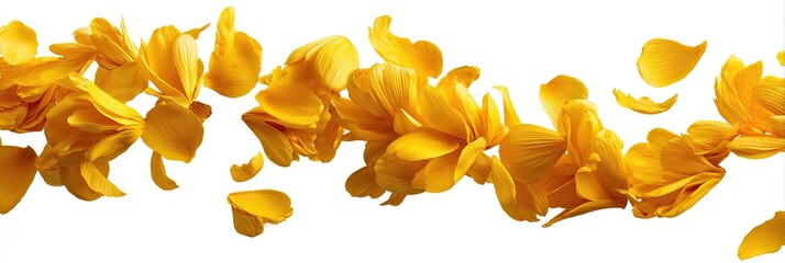 Yellow flower petals, seemingly floating in mid-air, against a white background