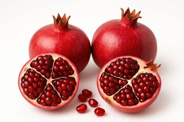 Fresh pomegranates with ruby seeds displayed on white background for healthy food photography