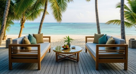 Obraz premium Beachfront seating with palm trees overlooking turquoise sea and white sand