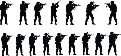 Armed soldier silhouette vector set, military combat poses with rifles, tactical stances, defense, security, war, army illustration collection