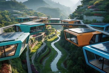 Futuristic eco-friendly modular homes built on a steep mountainside with a river below image photo