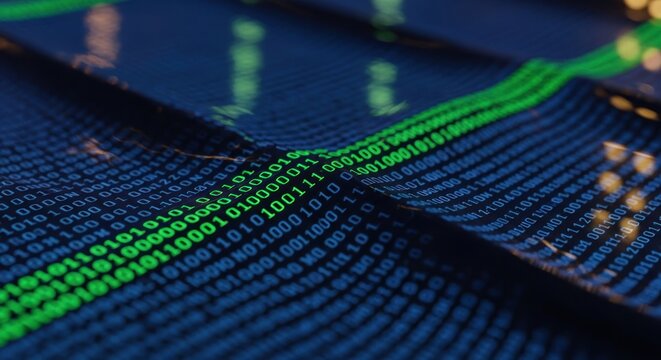 Blue-green digital matrix with binary code forming abstract flowing shapes