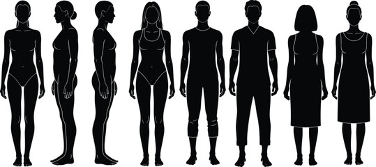 Male and female human body silhouette vector set, anatomical proportions, fashion figure templates, posture reference, artistic anatomy illustration collection