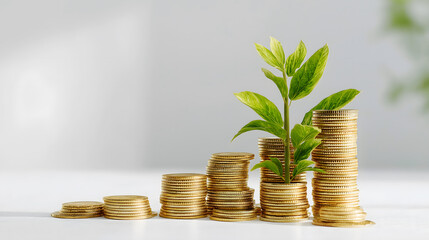 Gold Coins Stacked Stepwise with Plant Growing on Top, Grow Your Money Concept on White Background