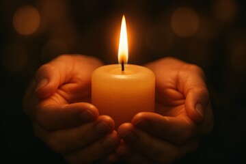Glowing candle flame held in cupped hands warmth and hope symbolic spiritual light in darkness