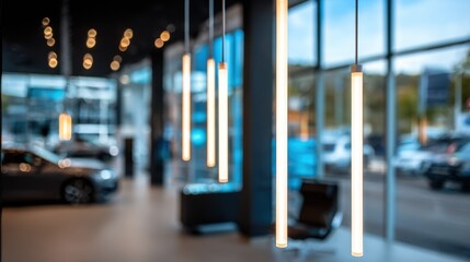 Medium shot of energyefficient LED lighting fixtures illuminating a dealership interior focused sharply with the showroom atmosphere gently out of focus.