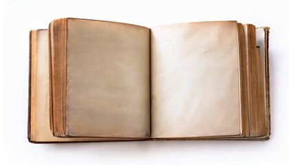 Fototapeta premium open old blank book mockup with used paper pages isolated on white background flat lay cutout