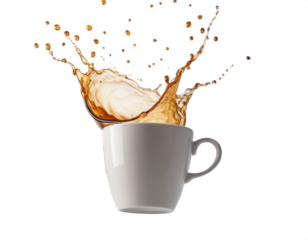 Coffee cup with splash and steam on transparent background