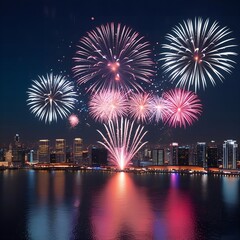 Fototapeta premium Spectacular new year fireworks display illuminates city skyline reflected on water