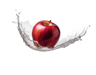 Red fresh apple with splashes of water on transparent background