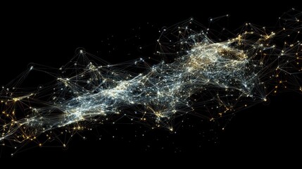 Abstract glowing network of interconnected nodes and lines on a black background.