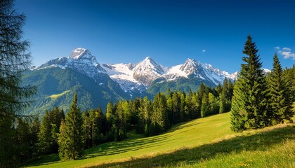 Fototapeta premium idyllic alpine landscape with fir trees and snow capped mountain peaks in the background