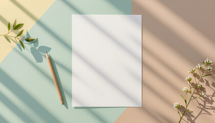 Minimalist paper sheet mockup on a pastel desk with copy space