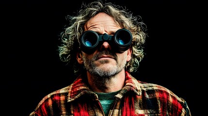 Mature Man with Binoculars Closeup Portrait
