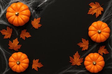 Halloween flat lay composition with carved pumpkins and decorative spiders on black