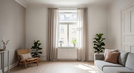 Fototapeta premium Bright room with window, plants, sofa, & chair; airy, minimalist, Scandinavian style