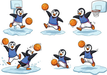 PrintCartoon penguins playing basketball on ice wearing blue jerseys in fun sports scenes, humorous animal athletics vector illustration collection for kids