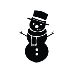 Illustration of a simple black snowman with a hat and scarf on a white background design element