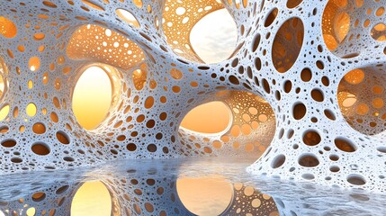 Abstract 3D Organic Cave Structure with Holes and Reflective Water