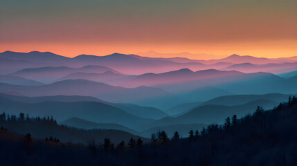 Obraz premium Sunrise over the Great Smoky Mountains with distinctive blue mist and layered ridges.