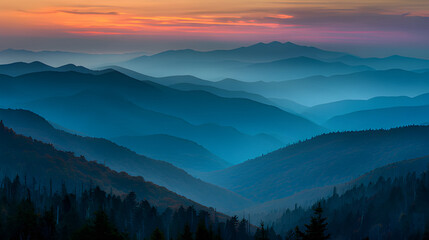 Sunrise over the Great Smoky Mountains with distinctive blue mist and layered ridges.
