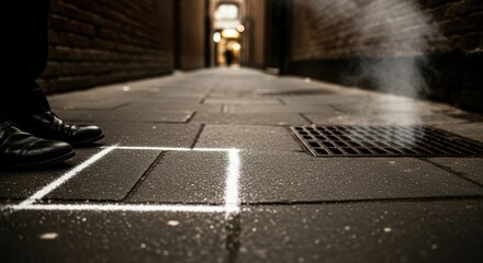 A mysterious white square drawn on the pavement of a dark, steamy urban alleyway
