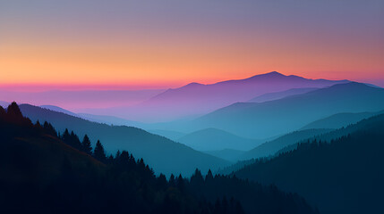 Naklejka premium Sunrise over the Great Smoky Mountains with distinctive blue mist and layered ridges.