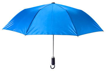 Open blue umbrella for rain protection with a black handle isolated with transparent background