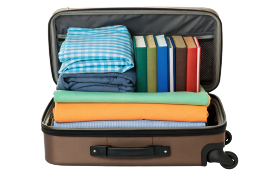 Open the suitcase packed with folded clothes and colorful books isolated with transparent background