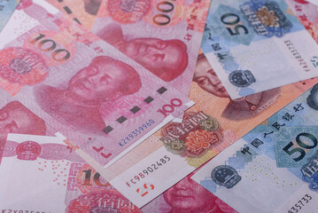 Cash, paper yuan banknotes for business transactions, financial background. Yuan banknotes