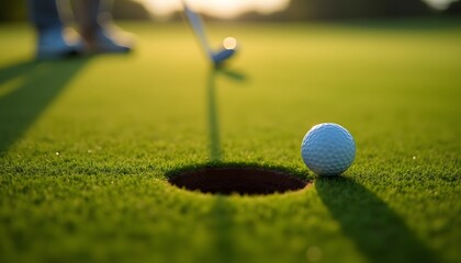 Golf Ball Near Hole on Green with Player Preparing to Putt