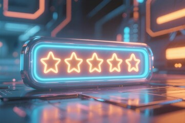 Neon Four-Star Rating: Futuristic Sci-Fi Customer Review Sign