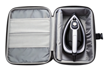 Compact black and white travel iron in an open storage case isolated with transparent background