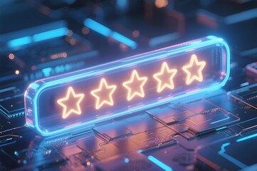 Neon glowing three-star rating digital display; futuristic, abstract, technology, positive feedback, high-tech, modern, success.