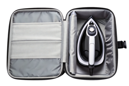 Compact black and white travel iron in an open storage case isolated with transparent background - Powered by Adobe