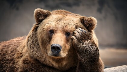 Fototapeta premium bear sitting with his paw on his head as if in despair concept emotions