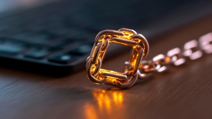 Illuminated golden chain on dark surface conveys themes of technology and security