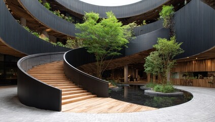 Modern spiral staircase in a circular courtyard with plants