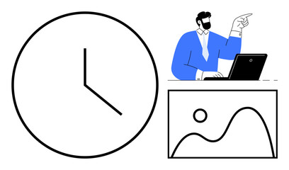 Clock for time management, professional at desk with laptop pointing to chart. Ideal for productivity, task organization, workflow optimization, work-life balance, project planning, analysis